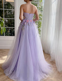 Niulatu Purple Strapless Applique Tulle A-Line Long Prom Dresses Formal Evening Gowns HZ1103