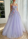 Niulatu Purple Strapless Applique Tulle A-Line Long Prom Dresses Formal Evening Gowns HZ1103