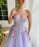 Niulatu Purple Strapless Applique Tulle A-Line Long Prom Dresses Formal Evening Gowns HZ1103