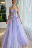 Niulatu Purple Strapless Applique Tulle A-Line Long Prom Dresses Formal Evening Gowns HZ1103