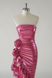 Niulatu Hot Pink Strapless Satin Bodycon Ruffle Long Prom Dresses Formal Evening Gowns HZ1103