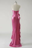 Niulatu Hot Pink Strapless Satin Bodycon Ruffle Long Prom Dresses Formal Evening Gowns HZ1103