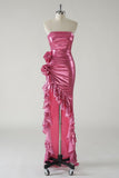 Niulatu Hot Pink Strapless Satin Bodycon Ruffle Long Prom Dresses Formal Evening Gowns HZ1103