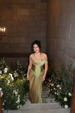 Niulatu Green Off Shoulder Chiffon Satin Corset Long Prom Dresses Elegant Formal Evening Gowns HZ1103
