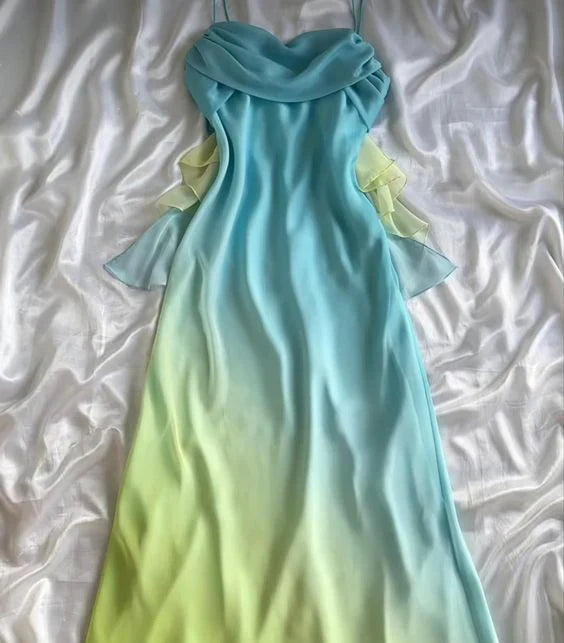 Niulatu Pink Sheath Spaghetti Straps Fairytale Chiffon Long Prom Dresses Vintage Party Dress HZ1103