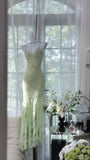 Niulatu Light Sage Green Spaghetti Straps Chiffon Mermaid Sequins Long Prom Dresses Vintage Open Back Evening Gowns HZ1103