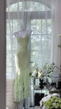 Niulatu Light Sage Green Spaghetti Straps Chiffon Mermaid Sequins Long Prom Dresses Vintage Open Back Evening Gowns HZ1103