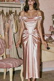 Niulatu Pink Off Shoulder Corset Satin A-Line Long Prom Dresses Fashion Bridesmaid Dresses HZ1103