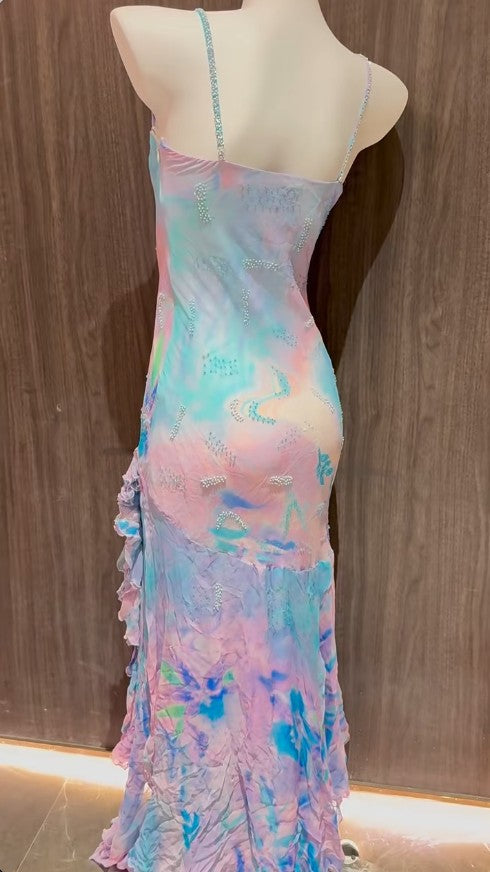 Niulatu Colorful Spaghetti Straps Chiffon Beaded Sheath Long Prom Dresses Stunning Evening Gowns HZ1103