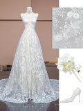 Niulatu White V-neck Lace Applique A-Line Wedding Dress with Train HZ1103