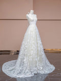 Niulatu White V-neck Lace Applique A-Line Wedding Dress with Train HZ1103