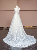 Niulatu White V-neck Lace Applique A-Line Wedding Dress with Train HZ1103
