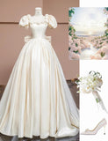 Niulatu Off-White A-Line Satin Square Neck Wedding Dress with 3D Flowers HZ1103