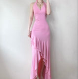 Niulatu Pink Halter Neck Ruffle Sheath Party Dresses with Slits HZ1103