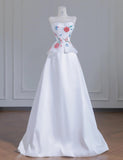Niulatu White Strapless Satin Beaded A-line Wedding Dresses Formal Evening Gowns HZ1103