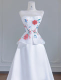 Niulatu White Strapless Satin Beaded A-line Wedding Dresses Formal Evening Gowns HZ1103