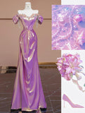 Niulatu Purple Off Shoulder Satin Beaded A-line Long Prom Dresses Stylish Formal Evening Gowns HZ1103