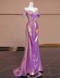 Niulatu Purple Off Shoulder Satin Beaded A-line Long Prom Dresses Stylish Formal Evening Gowns HZ1103