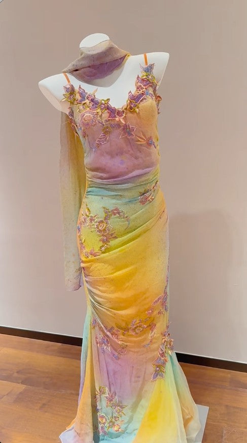 Niulatu Yellow Pink Spaghetti Straps Chiffon Embroidered Appliques Mermaid Prom Dresses Formal Evening Gowns HZ1103