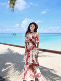 Niulatu Red Off Shoulder Printed Chiffon A-line Party Dresses Daily Evening Gowns HZ1103