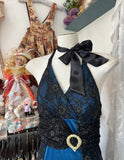 Niulatu Blue Satin Black Lace Appliques V-Neck Backless A-Line Party Dress Vintage Formal Evening Gowns HZ1103