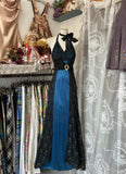 Niulatu Blue Satin Black Lace Appliques V-Neck Backless A-Line Party Dress Vintage Formal Evening Gowns HZ1103