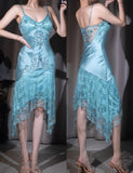 Niulatu Blue Spaghetti Straps Sheath Lace Beading Vintage Prom Dresses HZ1103