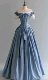 Niulatu Blue Palace Style Satin A-Line Long Prom Dresses Formal Off-the-shoulder Evening Gowns HZ1103