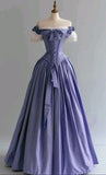 Niulatu Blue Palace Style Satin A-Line Long Prom Dresses Formal Off-the-shoulder Evening Gowns HZ1103