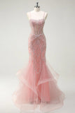 Niulatu Peach Spaghetti Straps Mermaid Beaded Tulle Long Prom Dresses Formal Evening Gowns HZ1103