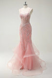 Niulatu Peach Spaghetti Straps Mermaid Beaded Tulle Long Prom Dresses Formal Evening Gowns HZ1103