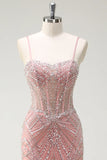 Niulatu Peach Spaghetti Straps Mermaid Beaded Tulle Long Prom Dresses Formal Evening Gowns HZ1103