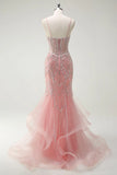 Niulatu Peach Spaghetti Straps Mermaid Beaded Tulle Long Prom Dresses Formal Evening Gowns HZ1103