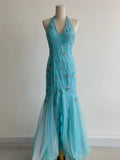 Niulatu Mermaid Blue Tulle Prom Dresses Halter Gorgeous Beaded Backless Evening Gowns HZ1103