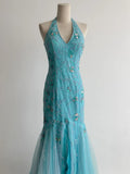 Niulatu Mermaid Blue Tulle Prom Dresses Halter Gorgeous Beaded Backless Evening Gowns HZ1103