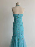 Niulatu Mermaid Blue Tulle Prom Dresses Halter Gorgeous Beaded Backless Evening Gowns HZ1103