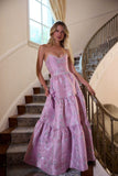 Niulatu Pink Strapless A-Line Jacquard Satin Prom Dresses Formal Evening Gowns HZ1103