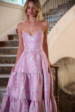 Niulatu Pink Strapless A-Line Jacquard Satin Prom Dresses Formal Evening Gowns HZ1103