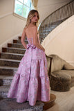 Niulatu Pink Strapless A-Line Jacquard Satin Prom Dresses Formal Evening Gowns HZ1103