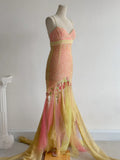 Niulatu Pink Yellow Tulle Mermaid Spaghetti Straps Beaded Long Prom Dresses Vintage Formal Evening Gowns HZ1103