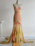 Niulatu Pink Yellow Tulle Mermaid Spaghetti Straps Beaded Long Prom Dresses Vintage Formal Evening Gowns HZ1103