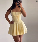 Niulatu Butter Yellow A-Line Spaghetti Straps Satin Short Birthday Party Dress Homecoming Dress HZ1103