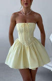Niulatu Butter Yellow Satin Lace Strapless A-Line Short Prom Dresses Homecoming Dresses HZ1103