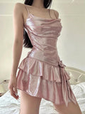 Niulatu Dusty Pink Chiffon Satin A-Line Spaghetti Straps Short Party Dress Homecoming Dress HZ1103