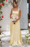 Niulatu Butter Yellow A-Line Long Prom Dresses Straps Satin Bridesmaid Dresses HZ1103