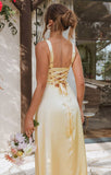 Niulatu Butter Yellow A-Line Long Prom Dresses Straps Satin Bridesmaid Dresses HZ1103