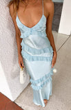 Niulatu Sky Blue Sheath Spaghetti Straps Satin Ruffles Long Prom Dresses Backless Party Dress HZ1103