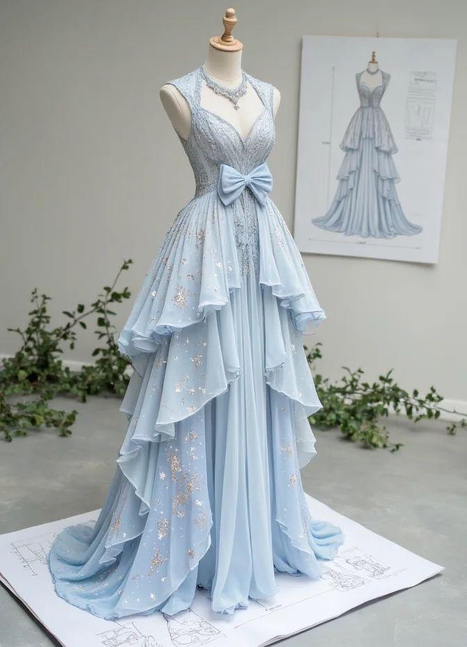 Niulatu Light Blue V-Neck Chiffon A-Line Sequins Long Prom Dresses Formal Evening Gowns HZ1103