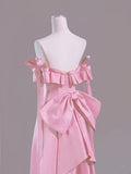 Niulatu Pink A-Line Off Shoulder Satin Train Wedding Dress Formal Evening Gowns HZ1103