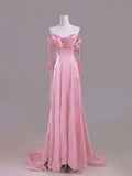 Niulatu Pink A-Line Off Shoulder Satin Train Wedding Dress Formal Evening Gowns HZ1103